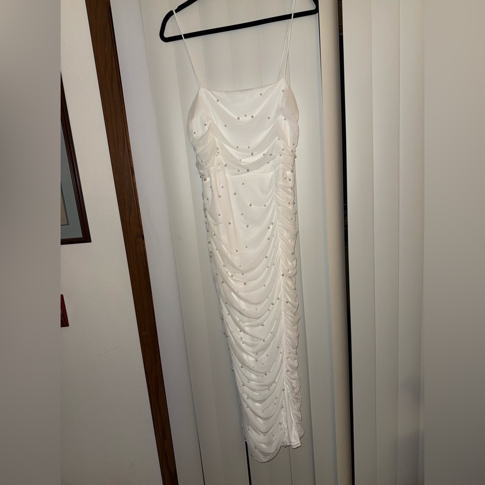 Lulu's White Embellished Ruched Slip Dress Size XL Wedding Pearls Strapped